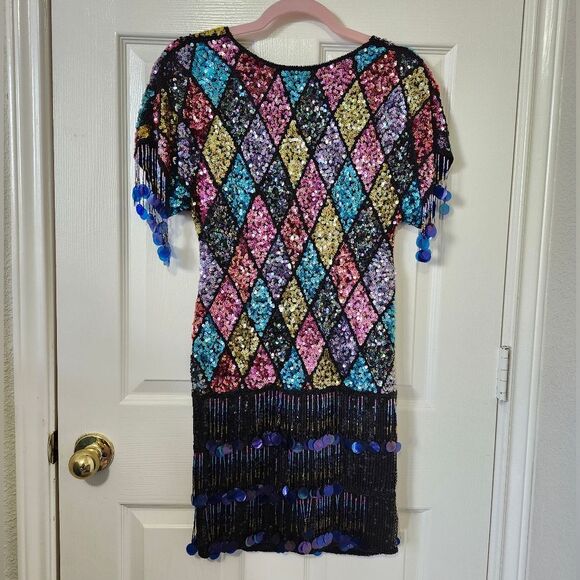 Vintage 80s Colorful Sequins Diamond Argyle Tassel Fringe Midi Dress Fla… - Picture 2 of 13